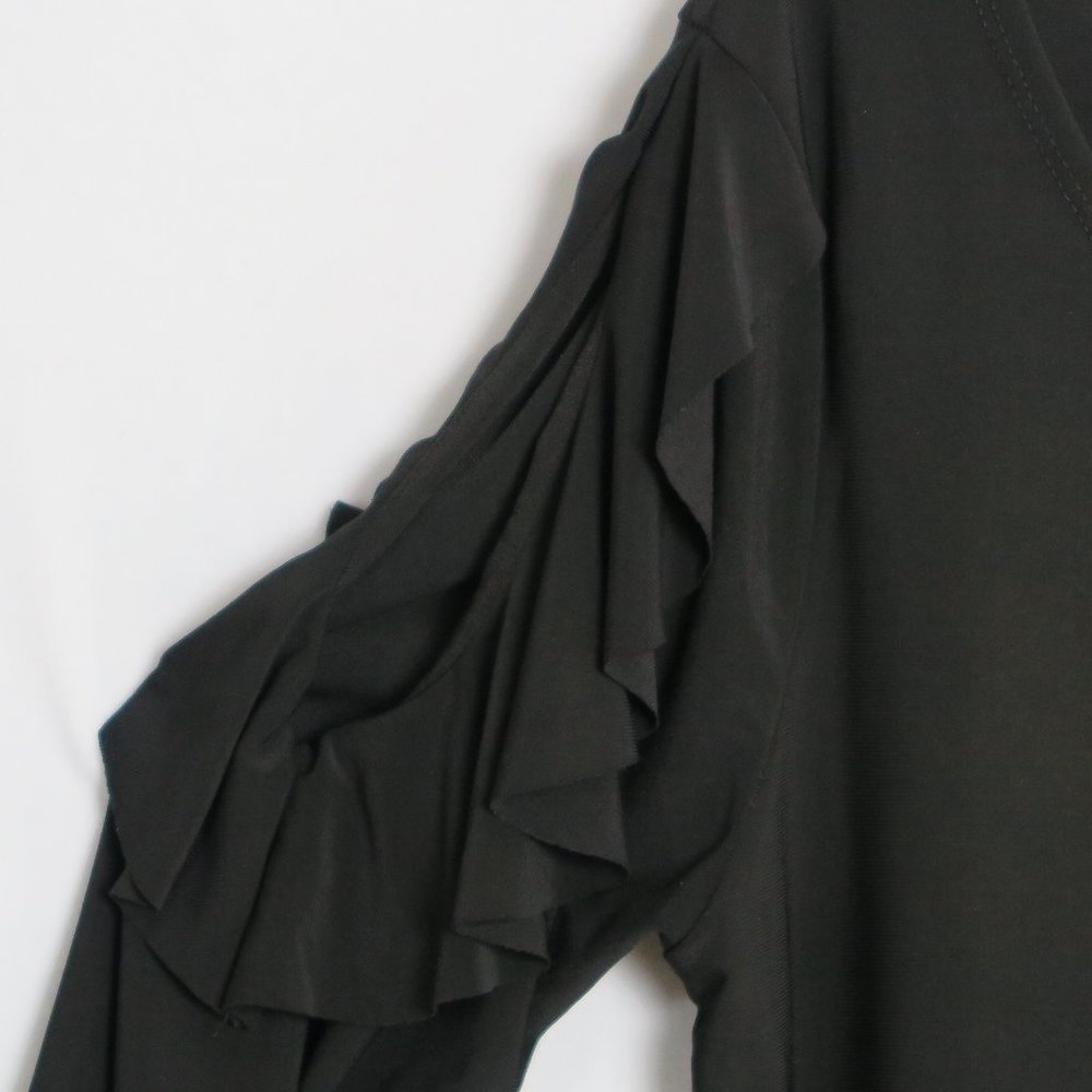 VECCELI ITALY Black Ruffled 3/4 Sleeve Slinky Top Size M - Picture 3 of 6